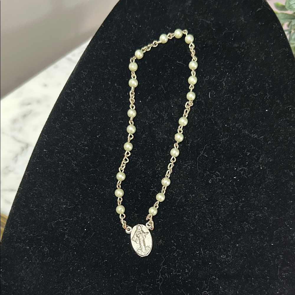 Vintage Pearl Rosary Style Bracelet with Medal Charm
